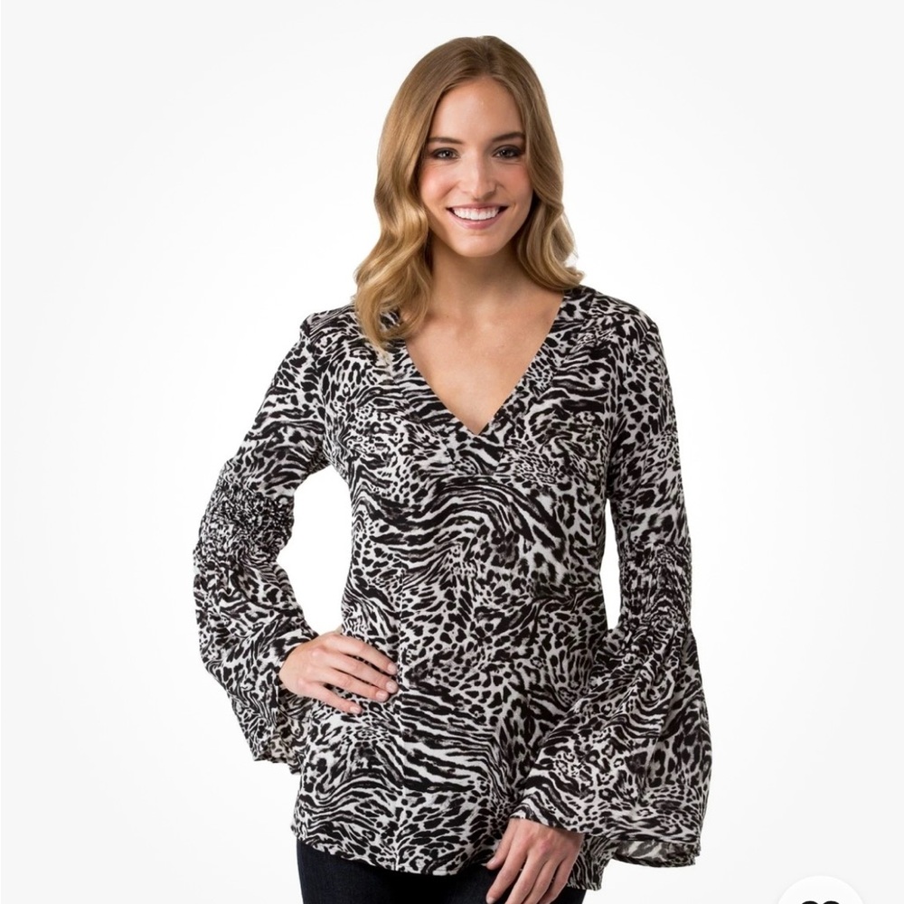 Michael Kors Black White Animal Print Long Bell Sleeve Tunic Blouse Women's M